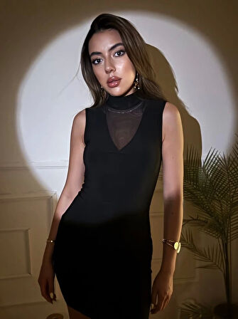 Kadın Balıkçı Yaka Tül Detay Kolsuz Mini Elbise