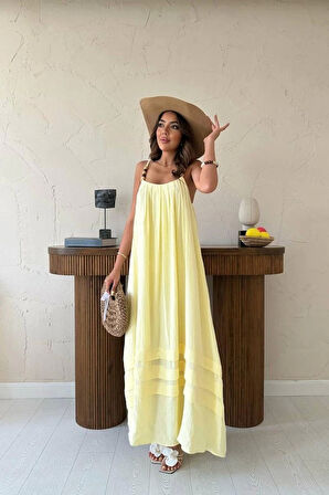 Sarı Askılı Müslin Elbise
