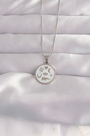 316L Çelik Gümüş Renk Beyaz Mineli Karışık Figürlü Tarot Kolye