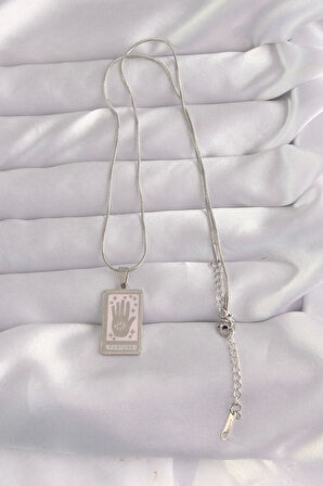 316L Çelik Gümüş Renk Pembe Mineli El Figür Tarot Kolye