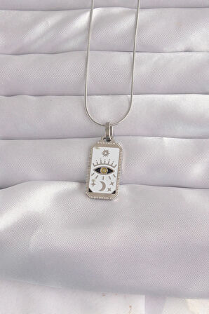 316L Çelik Gümüş Renk Beyaz Mineli Göz Figür Tarot Kolye