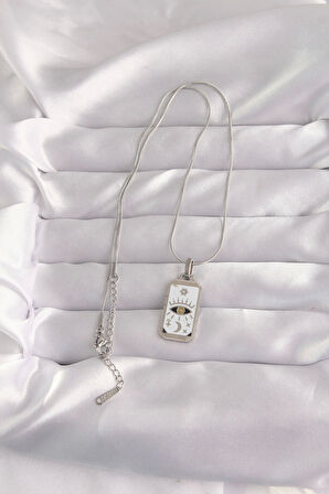 316L Çelik Gümüş Renk Beyaz Mineli Göz Figür Tarot Kolye