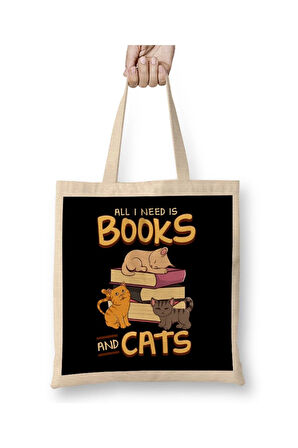 Kitaplar ve Kediler Kittens Cat Beyaz Bez Çanta Uzun Saplı Alışveriş Çantası Plaj Çantası