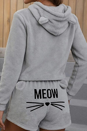 Kadın Uzun Kollu Kapşonlu Peluş Bluz Ve Kısa Short Ikili Takım