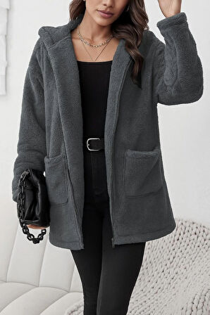 Kadın Uzun Kollu Kapşonlu önden Fermuarlı Cepli Welsoft Ceket