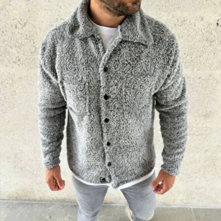 Erkek Pelüş Polar Hırka Gömlek – Yakalı, İlik Düğmeli, Göğüs Cepli, Yumuşak Dokulu Kışlık Regular Fit Rahat Günlük Model - Gri