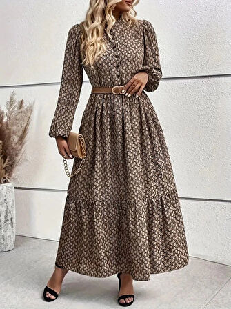 Kadın Uzun Kollu Hakim Yakalı Düğmeli Kemersiz Desenli Maxi Süprem Elbise