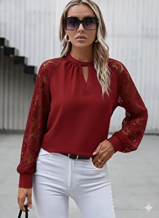 Kadın Uzun Dantel Kollu Yuvarlak Yakalı Sandy Bluz