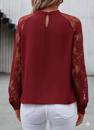 Kadın Uzun Dantel Kollu Yuvarlak Yakalı Sandy Bluz