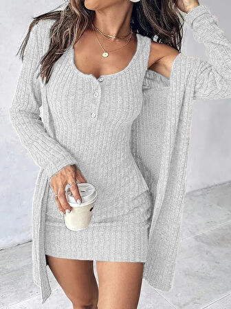 Kadın Askılı Yuvarlak Yakalı önü Düğmeli şardonlu Kaşkorse Mini Elbise Ve Kısa Ceket