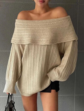 Kadın Uzun Kollu Katlama Detay Madonna Yaka Salaş Kazak