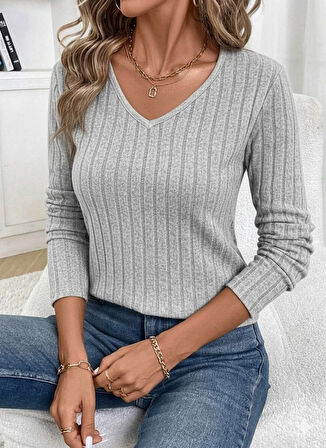 Kadın Uzun Kollu V Yakalı Arkadan Dantel Detaylı şardonlu Kaşkorse Bluz