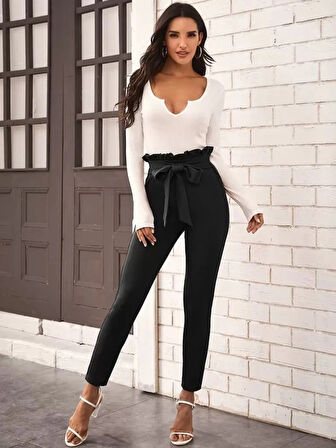 Kadın Yüksek Bel Beli Fırfırlı önden Bağlamalı Ithal Krep Pantolon