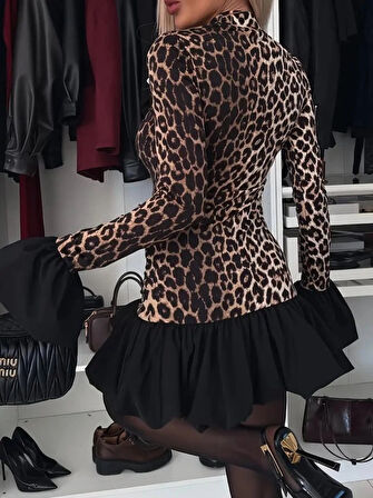 Kadın Uzun Kollu Bisiklet Yaka Leopar Desenli üst Modal Alt Trikoton Mini Elbise