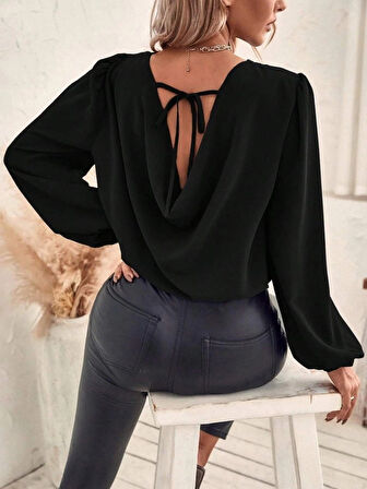 Kadın Uzun Kollu Yuvarlak Yaka Arkadan Bağcıklı Salaş Ithal Krep Bluz