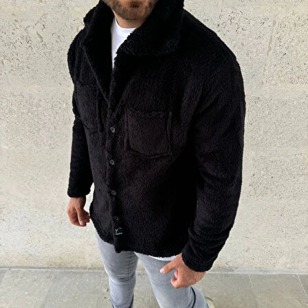 Erkek Pelüş Polar Hırka Gömlek – Yakalı, İlik Düğmeli, Göğüs Cepli, Yumuşak Dokulu Kışlık Regular Fit Rahat Günlük Model - Siyah
