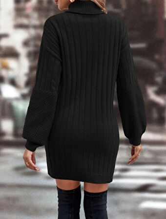 Kadın Uzun Kollu Boğazlı Uzun Balon Kol Triko Mini Elbise