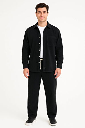 Erkek Kadife Oversize Takım – Gömlek Ve Pantolon İkili Set Füme Corduroy Şıklığı, Rahat Ve Zarif Duruş Yumuşak Dokulu Kadife Kumaş, Düğmeli Gömlek Üst Ve Lastikli Pantolon Alt Parça Ile Gün Boyu Konfor- Siyah