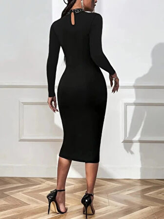 Kadın Uzun Kollu Balıkçı Yaka Taşlı Damla Detay Midi Ithal Krep Elbise