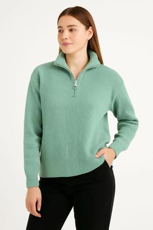 KADIN Yarım Fermuarlı Triko Kazak – Selanik Örgü, Dik Yaka, Pamuklu Dokuma, Oversize Uzun Kollu Kışlık Model - Mint Yeşili