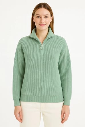 KADIN Yarım Fermuarlı Triko Kazak – Selanik Örgü, Dik Yaka, Pamuklu Dokuma, Oversize Uzun Kollu Kışlık Model - Mint Yeşili