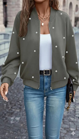Kadın Uzun Kollu önden Fermuarlı Incili Kısa Modal Ceket
