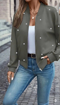 Kadın Uzun Kollu önden Fermuarlı Incili Kısa Modal Ceket