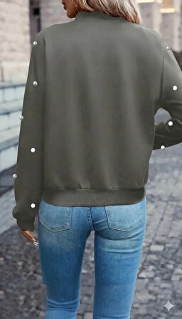 Kadın Uzun Kollu önden Fermuarlı Incili Kısa Modal Ceket