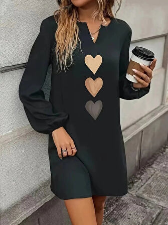 Kadın Uzun Kollu V Yakalı Kalp Desenli Mini Ithal Krep Elbise