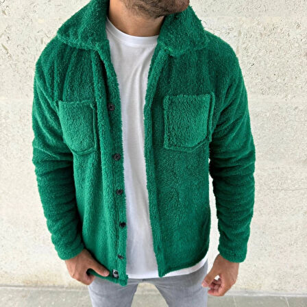 Erkek Pelüş Polar Hırka Gömlek – Yakalı, İlik Düğmeli, Göğüs Cepli, Yumuşak Dokulu Kışlık Regular Fit Rahat Günlük Model - Çimen Yeşili