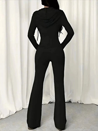 Kadın Uzun Kollu Kapşonlu Bağcıklı önü Fermuarlı Viskon Iki Iplik Bluz Ve Pantolon Ikili Takım