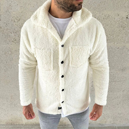 Erkek Pelüş Polar Hırka Gömlek – Yakalı, İlik Düğmeli, Göğüs Cepli, Yumuşak Dokulu Kışlık Regular Fit Rahat Günlük Model - Beyaz