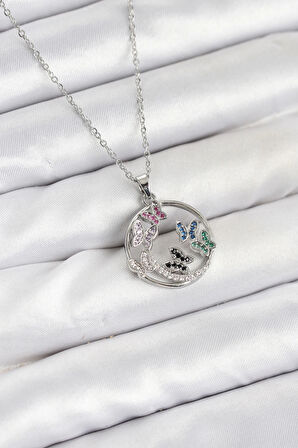 316L Çelik Zincir Gümüş Renk Zirkon Taşlı Kelebekli Kadın Kolye