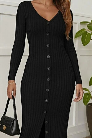 Kadın Uzun Kollu V Yakalı önden Düğmeli şardonlu Kaşkorse Elbise