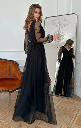 Kadın Uzun Kollu Kruvaze Yakalı Belden Kuşaklı Tüllü Uzun Ithal Krep Elbise