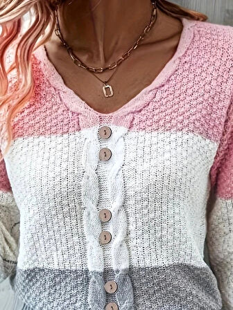 Kadın Uzun Kollu V Yakalı önden Düğmeli çok Renkli Bluz