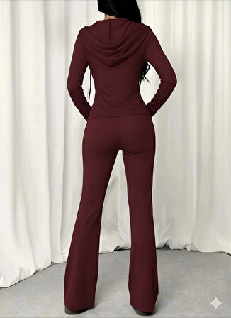 Kadın Uzun Kollu Kapşonlu Bağcıklı önü Fermuarlı Viskon Iki Iplik Bluz Ve Pantolon Ikili Takım