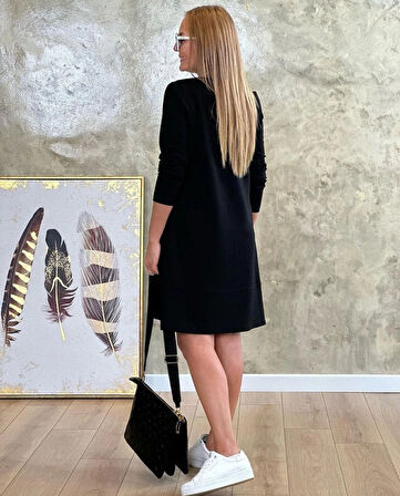 Kadın Uzun Kollu Bisiklet Yaka Cep Detay Etek Ucu Volanlı Iki Iplik Elbise