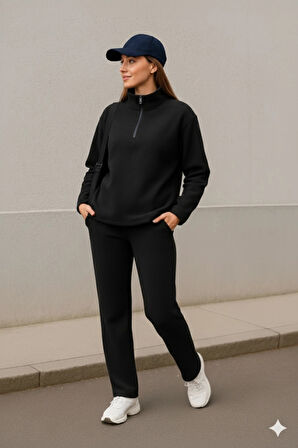 Kadın Balıkçı Yaka Fermuar Detay Polar Sweat Ve Pantolon Ikili Takım
