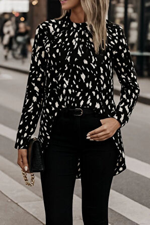 Kadın Uzun Kollu Yarı Balıkçı Yaka Desenli Dokuma Bluz