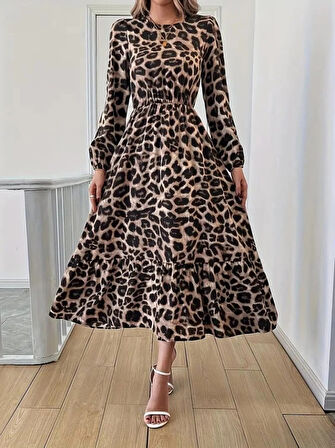 Uzun Kollu Bisiklet Yaka Leopar Desenli Midi Süprem Elbise