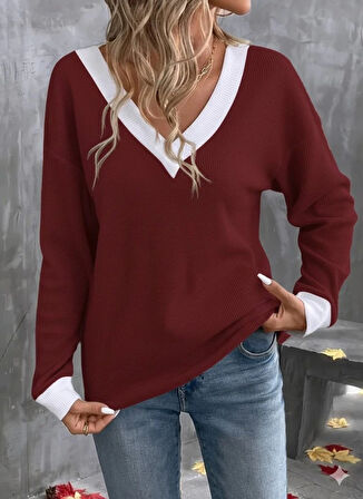 Kadın Uzun Kollu V Yakalı Waffle Bluz