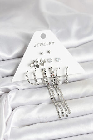 Pirinç Gümüş Renk 6 Çift Kadın Küpe