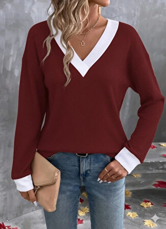 Kadın Uzun Kollu V Yakalı Waffle Bluz