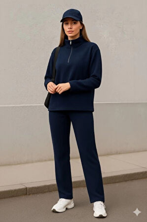 Kadın Balıkçı Yaka Fermuar Detay Polar Sweat Ve Pantolon Ikili Takım