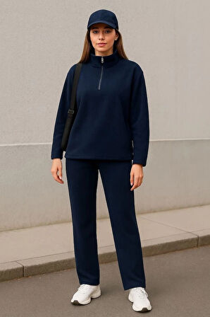 Kadın Balıkçı Yaka Fermuar Detay Polar Sweat Ve Pantolon Ikili Takım