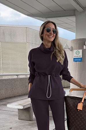 Kadın Uzun Kollu Balıkçı Yaka Belden Lastikli Modal Bluz Ve Pantolon Ikili Takım