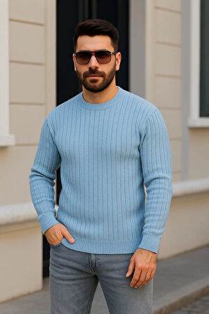 Erkek Bisiklet Yuvarlak Yaka Triko Kazak Pamuklu Kalın Fitilli Dokuma, Regular Fit Uzun Kollu Kışlık Model - Bebe Mavisi