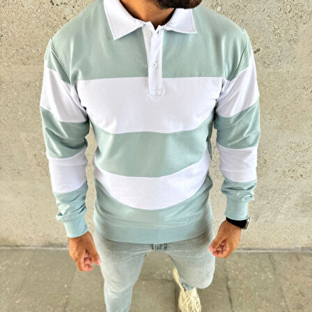 Erkek Polo Yaka Uzun Kollu Çizgili Sweatshirt Trend Rugby Stil - Çağla Yeşili