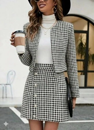 Kadın Uzun Kollu önü Açık Dokuma Ceket Ve Mini Etek Ikili Takım